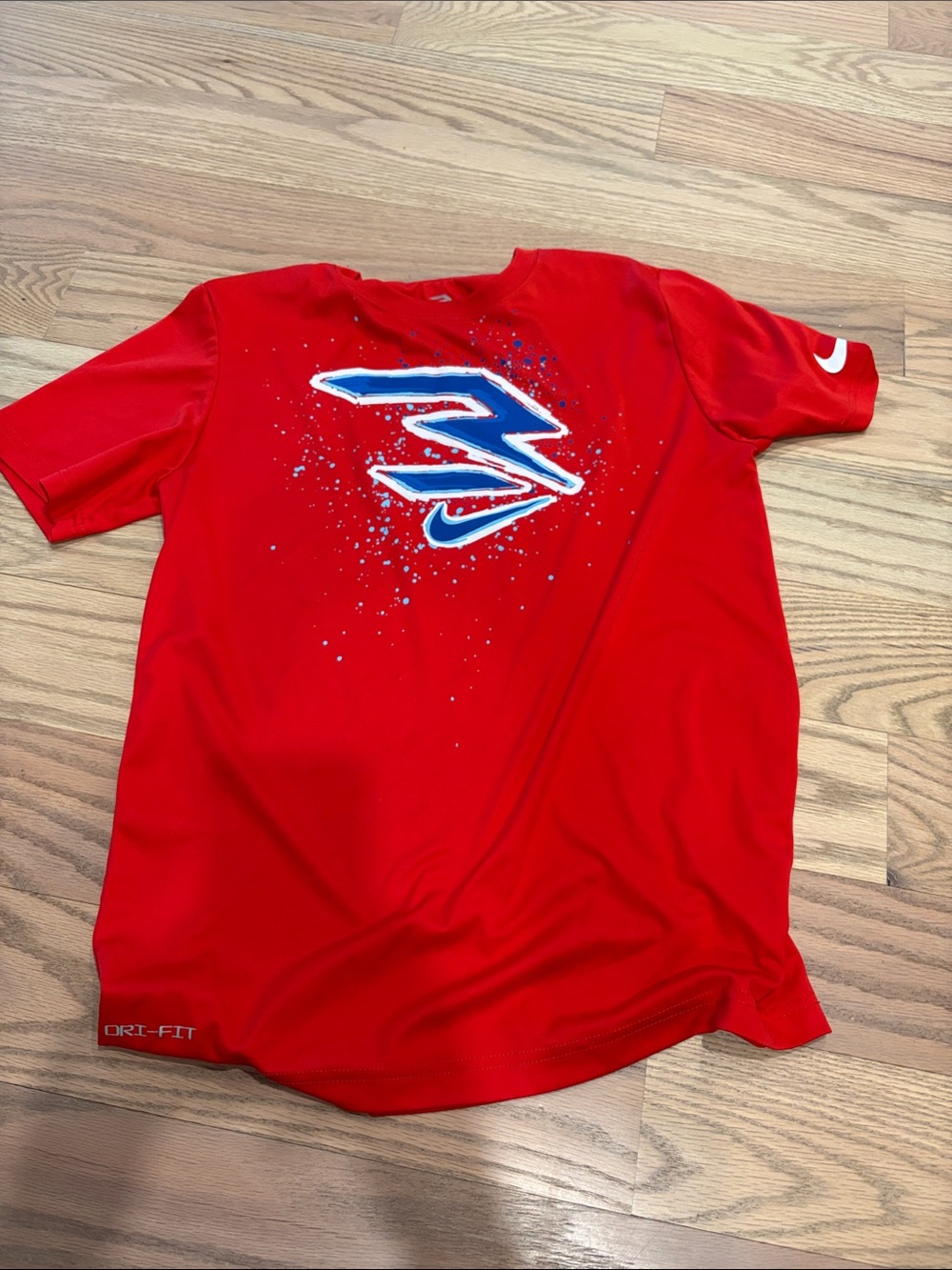 Nike Red Short Sleeve Dri-FIT Tee with Blue & White Graphic